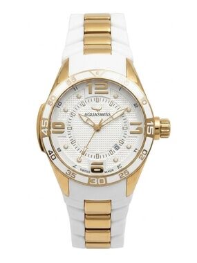 UNISEX - Aquaswiss Trax 3H Luxury Watch White Strap & Yellow Gold Accents